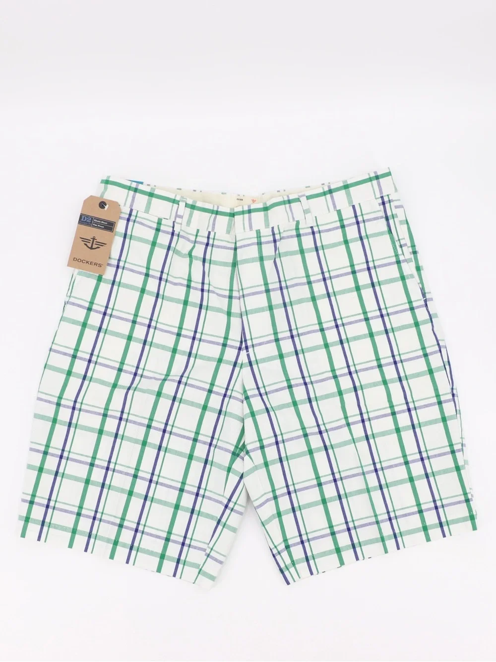 New Dockers Men's D2 Size 36 White Plaid Shorts with Green and Navy Stripes